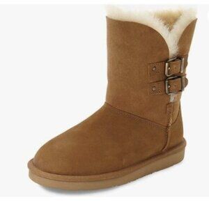 FSJ Women's Mid Calf Fully Fur Lined Winter Snow Boot with Chic Buckles Brown